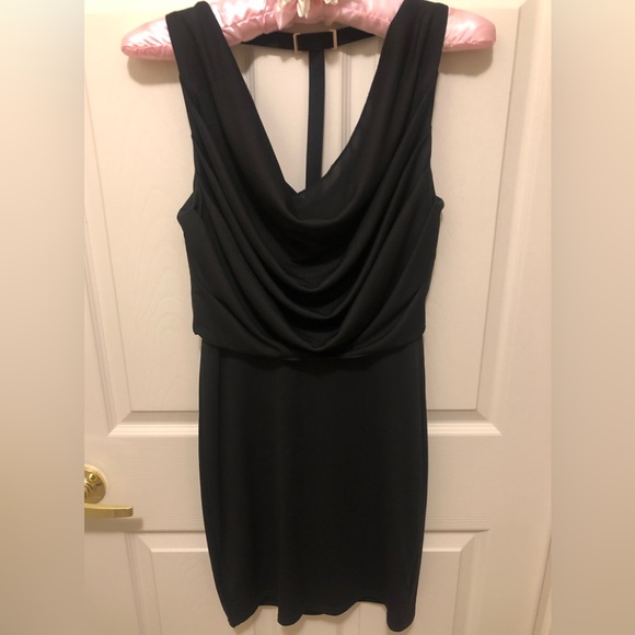 BLACK Sleeveless Mini Dress with Ruched Top & T Back Strap (Evening Wear) - Picture 6 of 12